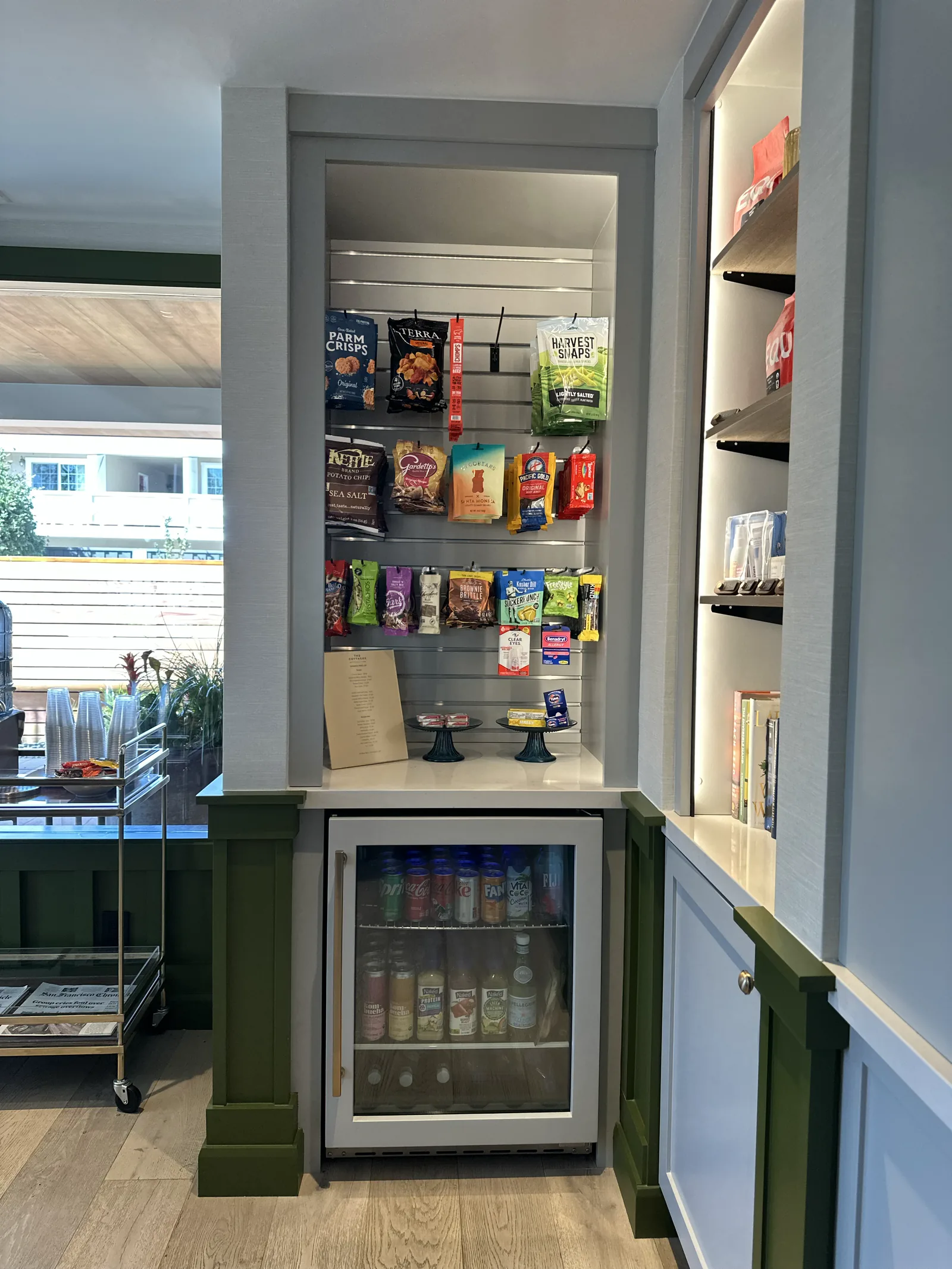 Office pantry run with a built-in beverage cooler and open shelving in Atherton