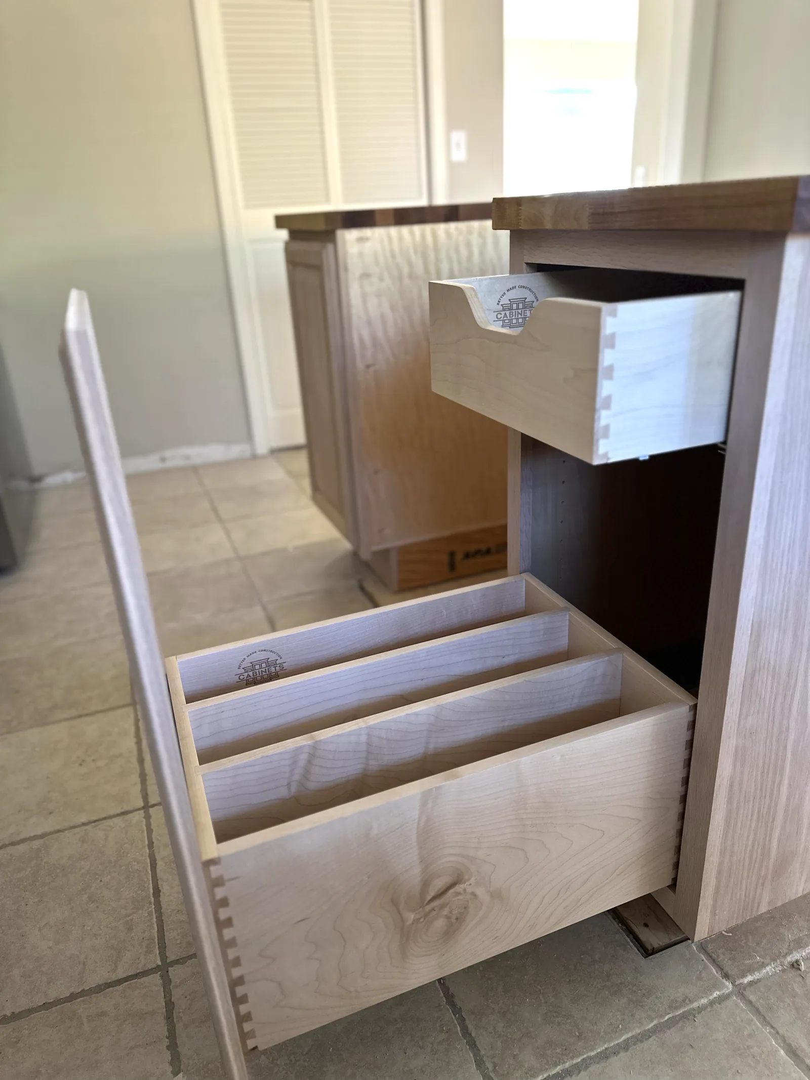 Dovetail drawer box fitted with a utensil divider insert, built in our Salinas shop